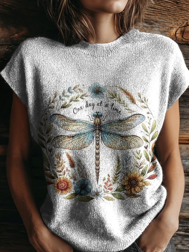 Women's Dragonfly Floral Tattoo Pattern Art Print Casual Crew Neck Short Sleeve Knit Shirt