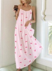 Pink Cherry Printed Long Neckline Pleated Nightgown