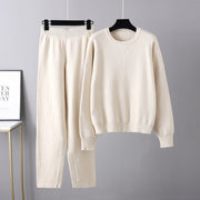 Solid color crew neck sweater knitted two-piece set