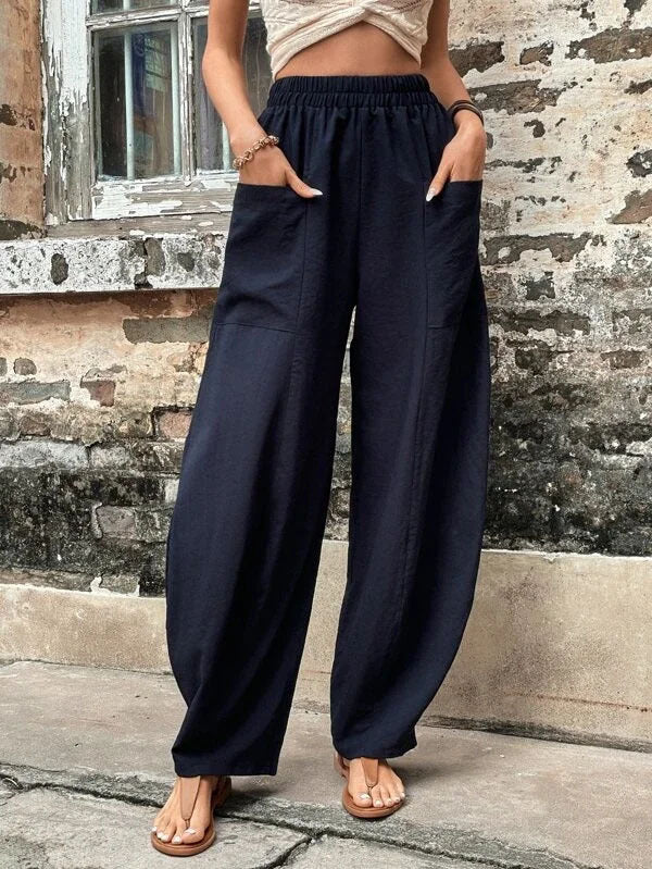 Loose Plus Size Elasticity Pockets Solid Color Pants