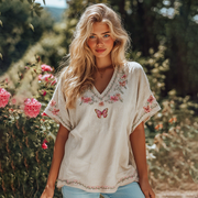 Women's Cozy Pink Floral Butterfly Embroidery Short Sleeve Linen Blend T-shirt