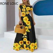 Women Elegant Slash Collar Folds Sunflower Pattern Cold Shoulder A-line Dress