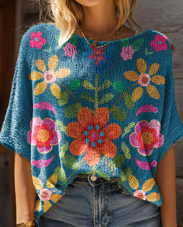 Women's Bohemian Floral Art Pattern Print Casual Pullover Sweater