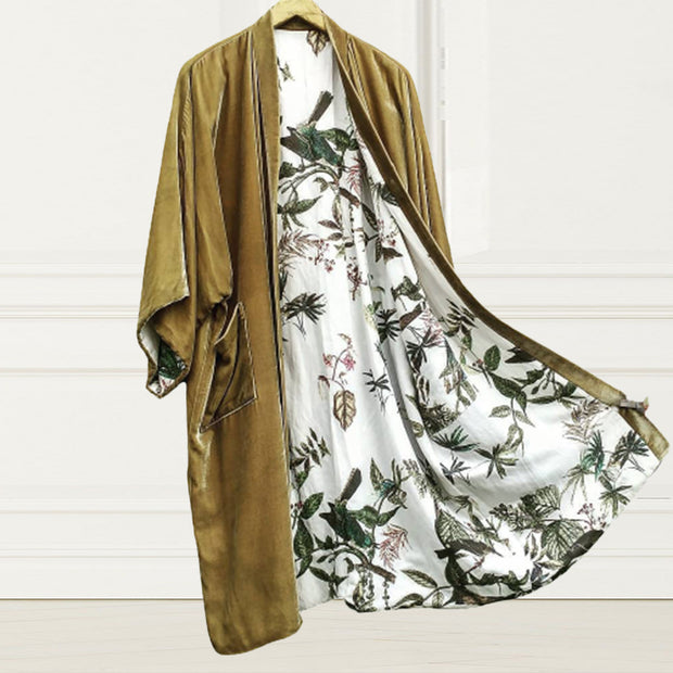 Fashion Lining Flower Leaf Print Kimono Duster