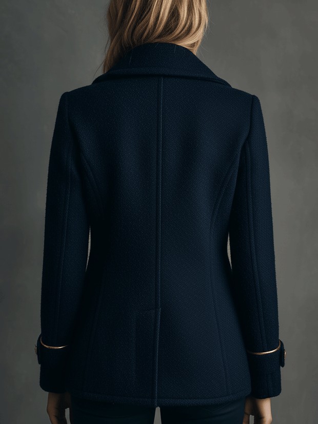 Classic Navy Wool-Blend Double-Breasted Peacoat Gold Buttons Coat