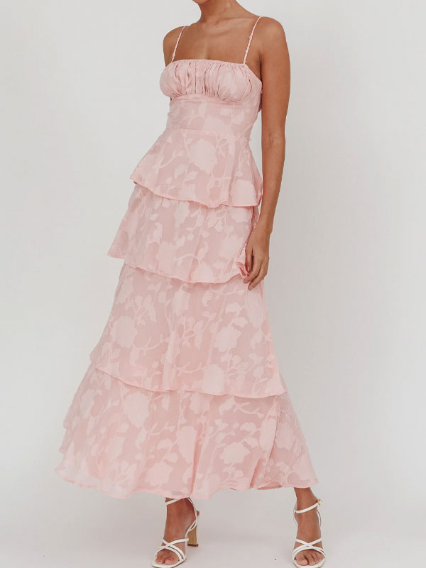 Thin straps jarquard tiered maxi dress