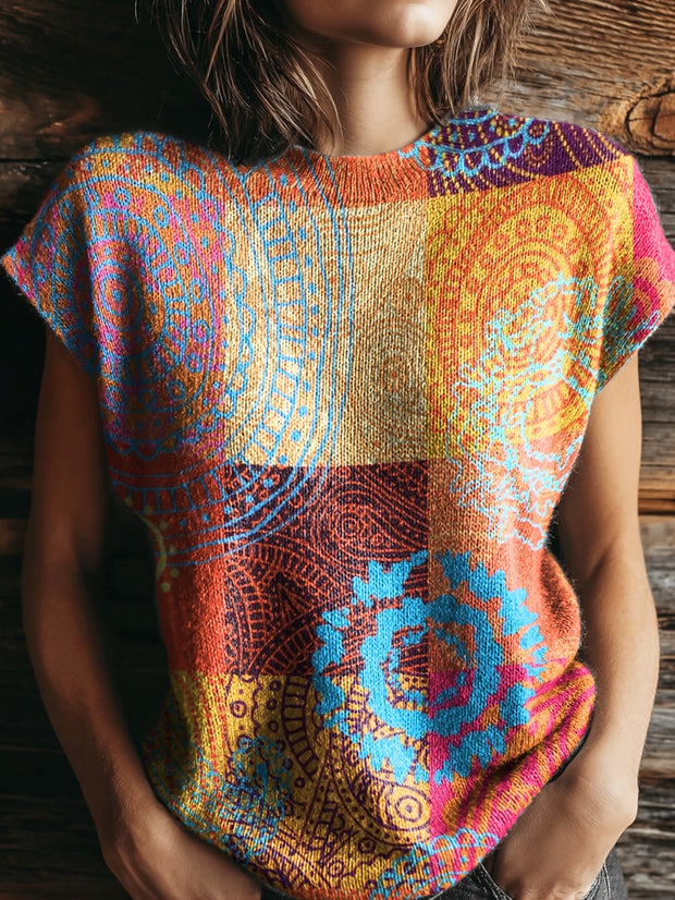 Women's Colorful Ethnic Totems Print Casual Crew Neck Short Sleeve Knitted Sweater