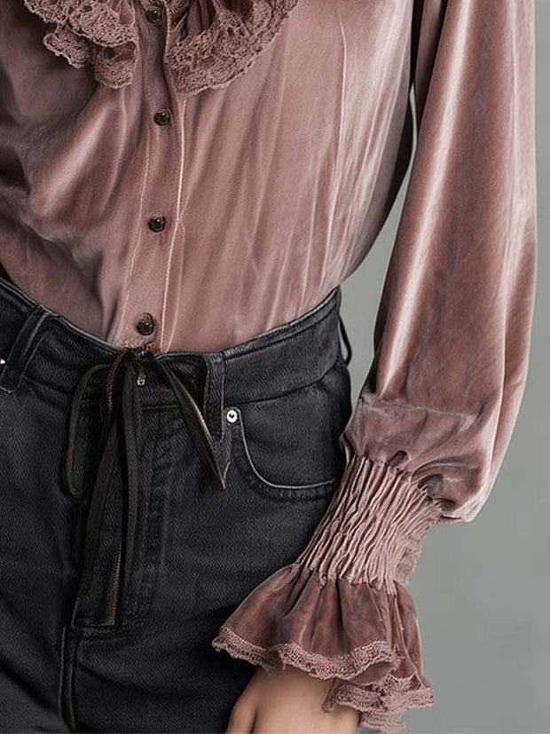 Dusty Rose Velvet Ruffle Blouse With Lace Trim