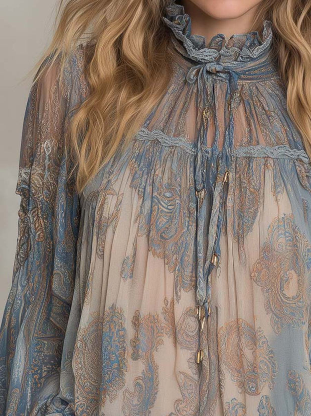 Vintage Sheer Paisley Ruffle Blouse