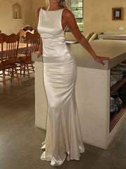 Boat neck satin maxi dress
