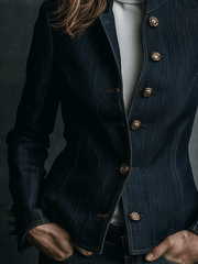 Vintage High Collar Classic Curve Cut Denim Brass Button Jacket