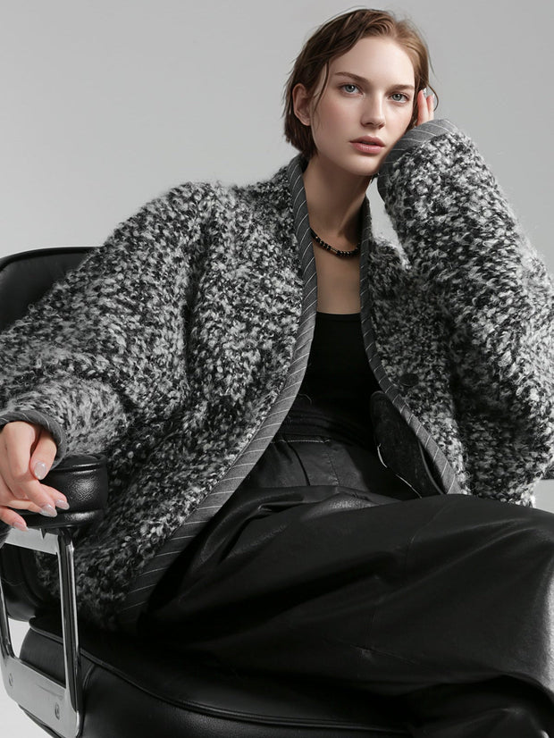 Old Money Style Batwing Sleeve Cardigan Coat for Women – Double-Faced Alpaca Wool Cape with Leather Trim and Speckled Dot Detail