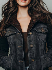 Vintage Fleece-Lined Button-Up Denim Jacket With Sherpa Collar