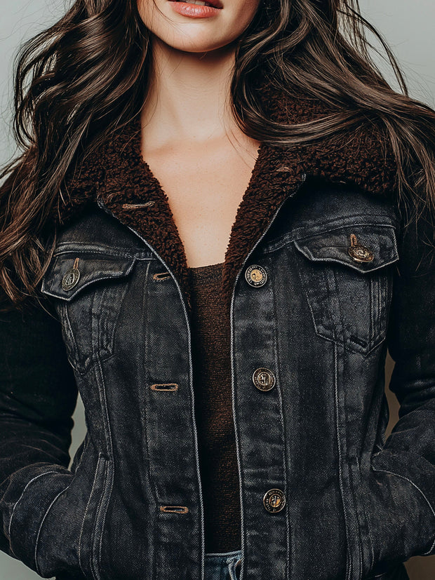 Vintage Fleece-Lined Button-Up Denim Jacket With Sherpa Collar