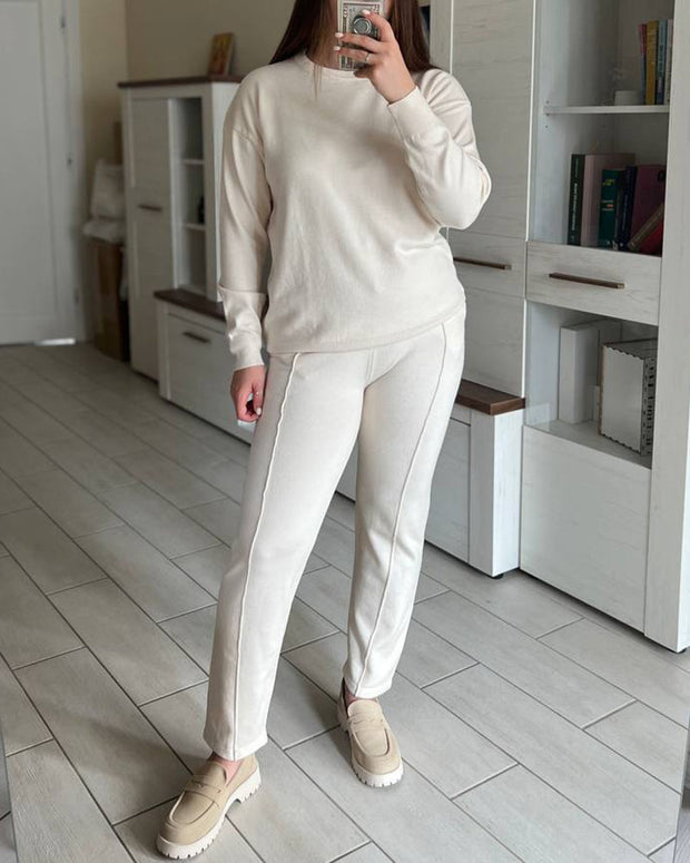 Casual round neck top and carrot pants knitted two-piece set