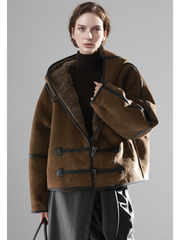Reversible Women’s Suede & Shearling Coat – Luxury Hooded Duffle Toggle Jacket for Autumn/Winter