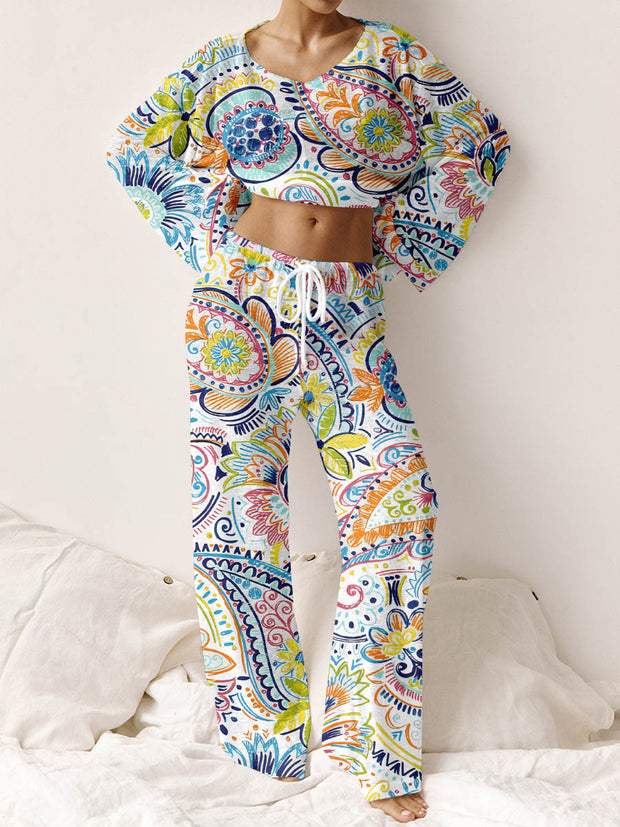 Women's Bohemian Art Print Long Sleeve Pajama Set