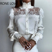 Women Solid Lace Decoration Fungus Hem Mesh Button Long Lantern Sleeves Stand Collar Sweet White BlousesTops