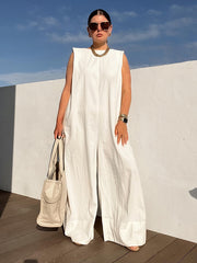 Sleeveless Wide Leg Shoulder Pad Solid Color Jumpsuits