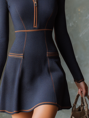 Retro Zipper Neck Contrast Trim Knitted Mini Dress