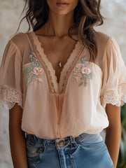 Boho Delicate Floral Embroidered Chiffon Blouse