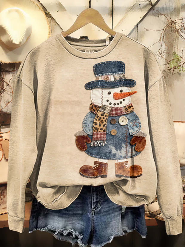Women's Retro Fun Christmas Snowman Art Print Casual Long Sleeve Crew Neck Sweatshirt