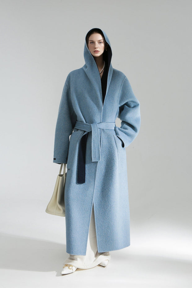 Elegant Double-Faced Tencel Wool Cape Coat for Women – Luxury Hooded Two-Tone Winter Outerwear