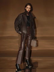 Vegetable-Tanned Goatskin Leather Jacket for Women – Double-Layer Genuine Leather Moto Coat for Fall Winter