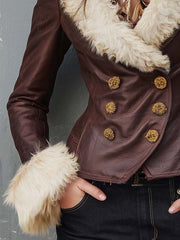 Vintage Brown Eco Leather Jacket With Faux Fur Collar & Gold Buttons