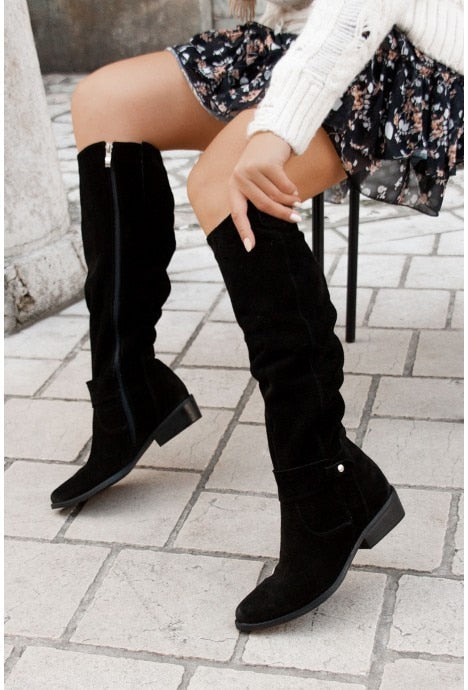 Winter Knee High Boots 2022 New Fashion Retro Woman Booties Low Heel Side Zip Size 43 Suede Thigh High Women's Boots