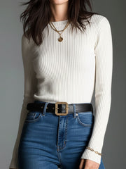 Cream White Ribbed Knit Slim Fit Stretch Top