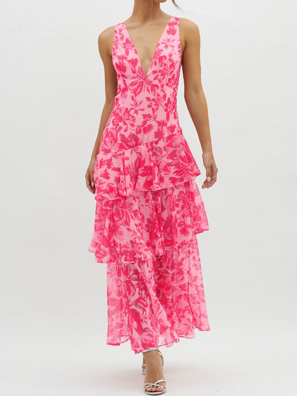 Plunge neck floral tiered maxi dress