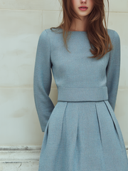 Vintage Tweed Long-Sleeved Midi Dress