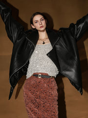 Vegetable-Tanned Goatskin Leather Jacket for Women – Double-Layer Genuine Leather Moto Coat for Fall Winter