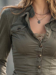 Vintage Army Green Washed Slim-Fit Shirt