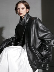 Luxury Collection Vegetable-Tanned Sheepskin Leather Jacket for Women – Stylish Webbing Trim Moto Outerwear