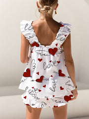 Wings Heart Print Ruffled Trim Short Tank Top Shorts Pajama Set