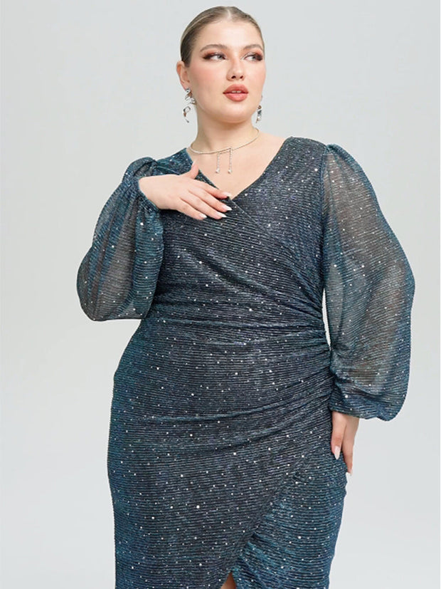 Contrast Mesh Lantern Sleeve Wrap Sequin Midi Dress