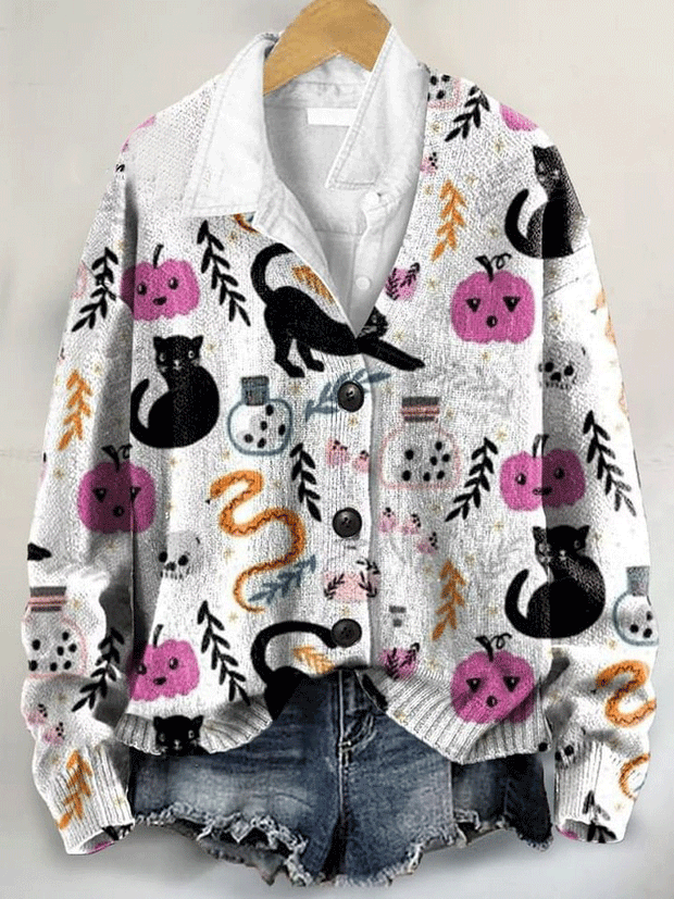 Halloween Black Cat Art Print Buttoned V-neck Cardigan Sweater