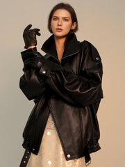 Vegetable-Tanned Goatskin Leather Jacket for Women – Double-Layer Genuine Leather Moto Coat for Fall Winter