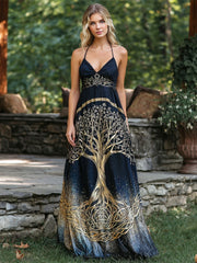 Vintage Tree Of Life Pattern Women's Spaghetti Strap V-neck Maxi Dress