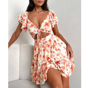 Women's Art Floral Print Ruffle Mini Dress