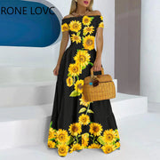 Women Elegant Slash Collar Folds Sunflower Pattern Cold Shoulder A-line Dress