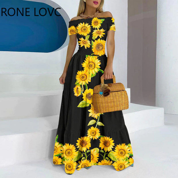 Women Elegant Slash Collar Folds Sunflower Pattern Cold Shoulder A-line Dress