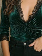 Emerald Green Velvet Lace Trim Ruched Bodice Blouse
