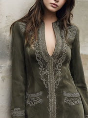 Intricate Embroidery Olive Green Suede Tunic Dress With Pockets
