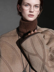 Elegant Wool Coat for Women – Double-Faced Suri Alpaca Blend Overcoat with Chain Motif and Leather Trim