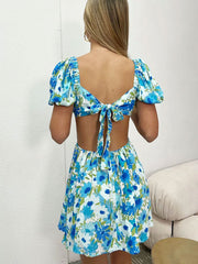 Blue puff sleeve printing dress