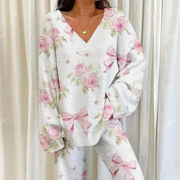 Women's Floral Bow Print Home Long Sleeve Suit