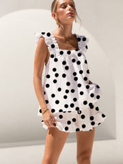 Black Polka Dot Print Ruffled Trim Short Tank Top Shorts Pajama Set